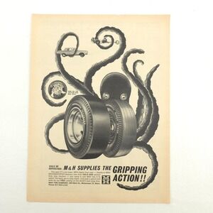 M&H Tires Vintage Ad Print Promo Art Octopus Grip Drag Racing Decor 1960s